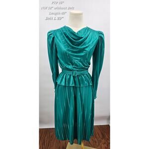 Vintage 70s Dynasty Era‎ Pea Patch Jade Green Satin Draped Neck Dress Disco Glam
